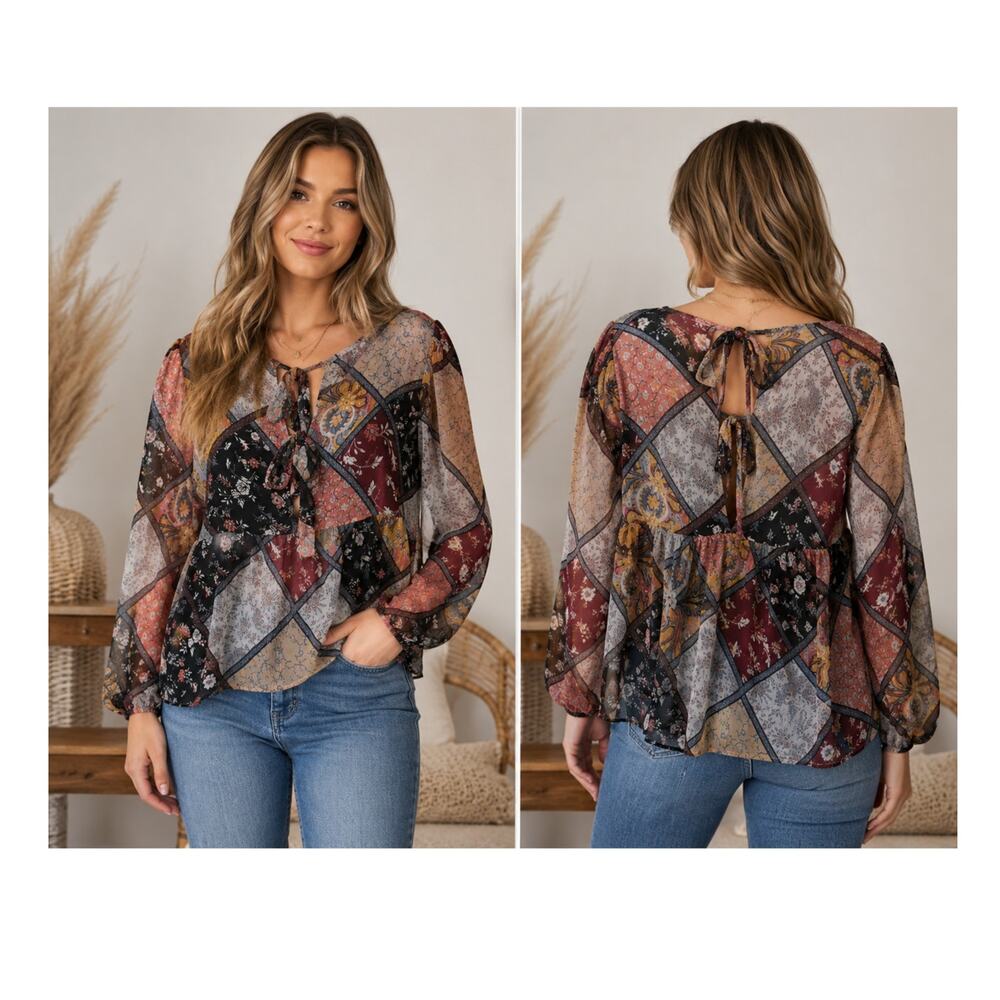 American Eagle Medium Patchwork Print Double Tie Back Boho Blouse Top